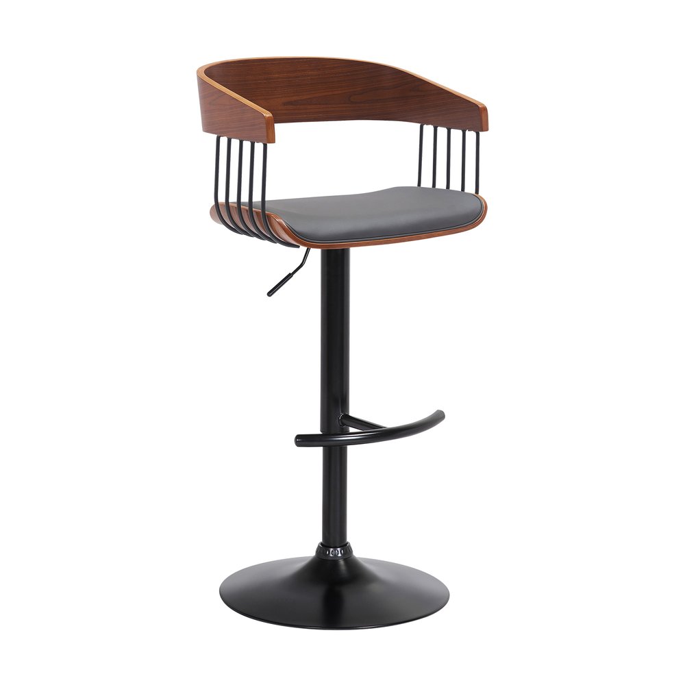 Gray And Black Faux Leather And Fabric And Metal Adjustable Height Swivel Bar Chair