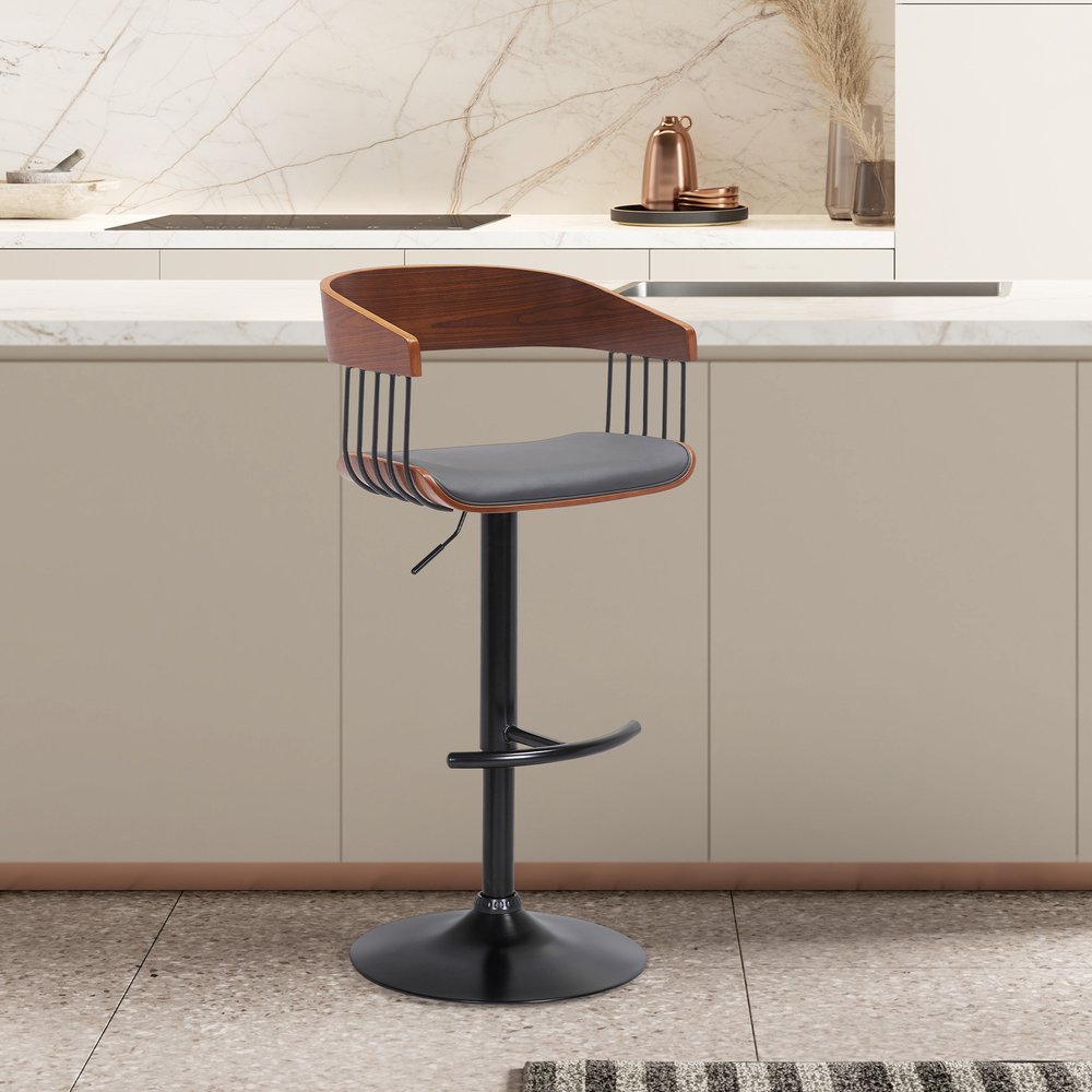 Gray And Black Faux Leather And Fabric And Metal Adjustable Height Swivel Bar Chair