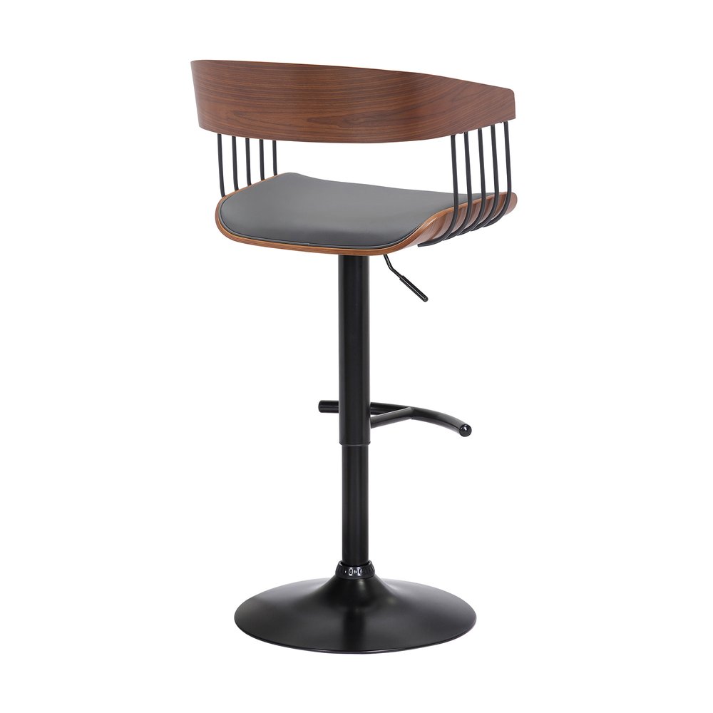 Gray And Black Faux Leather And Fabric And Metal Adjustable Height Swivel Bar Chair