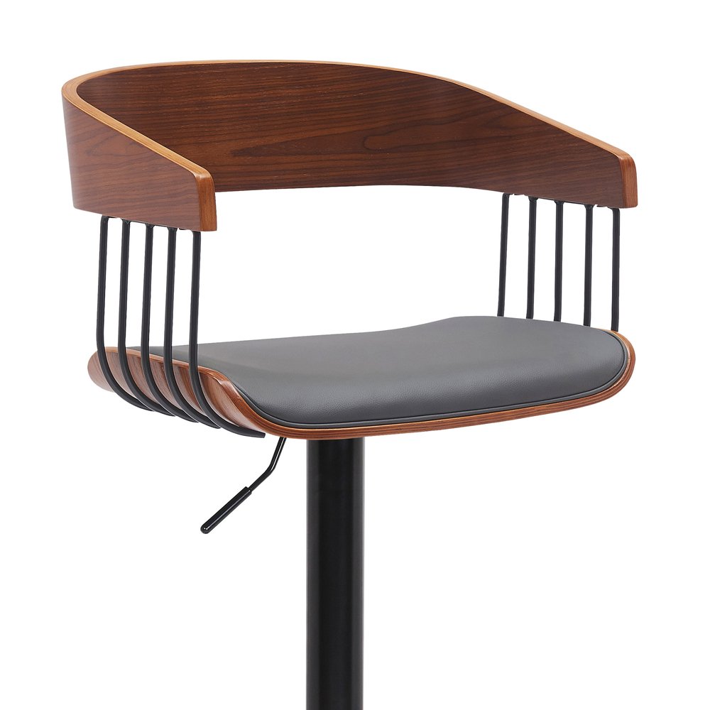 Gray And Black Faux Leather And Fabric And Metal Adjustable Height Swivel Bar Chair