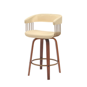 26" Cream And Wood Brown Faux Leather Swivel Counter Height Bar Chair