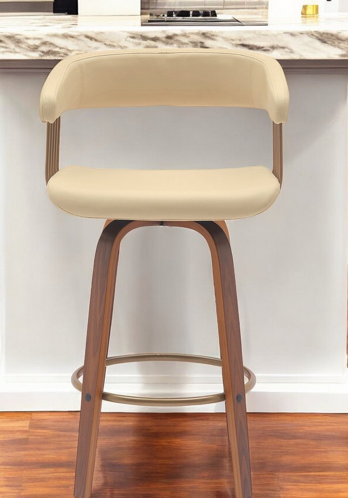 26" Cream And Wood Brown Faux Leather Swivel Counter Height Bar Chair