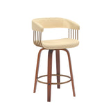26" Cream And Wood Brown Faux Leather Swivel Counter Height Bar Chair