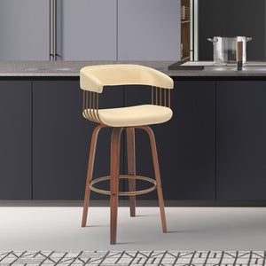 26" Cream And Wood Brown Faux Leather Swivel Counter Height Bar Chair