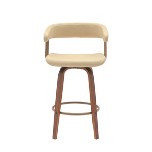 26" Cream And Wood Brown Faux Leather Swivel Counter Height Bar Chair