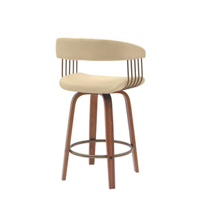 26" Cream And Wood Brown Faux Leather Swivel Counter Height Bar Chair