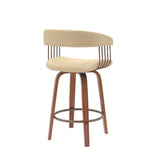 26" Cream And Wood Brown Faux Leather Swivel Counter Height Bar Chair