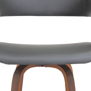26" Gray And Brown Faux Leather And Fabric And Wood Counter Height Swivel Bar Chair