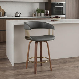 26" Gray And Brown Faux Leather And Fabric And Wood Counter Height Swivel Bar Chair