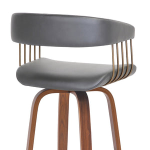 26" Gray And Wood Brown Faux Leather Swivel Counter Height Bar Chair