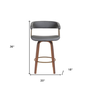 26" Gray And Brown Faux Leather And Fabric And Wood Counter Height Swivel Bar Chair