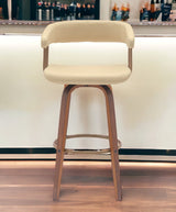 31" Cream And Wood Brown Faux Leather Swivel Bar Height Bar Chair