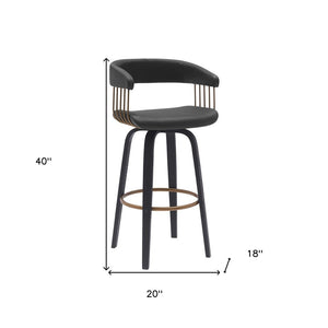 31" Black Faux Leather And Fabric And Wood Bar Height Swivel Bar Chair