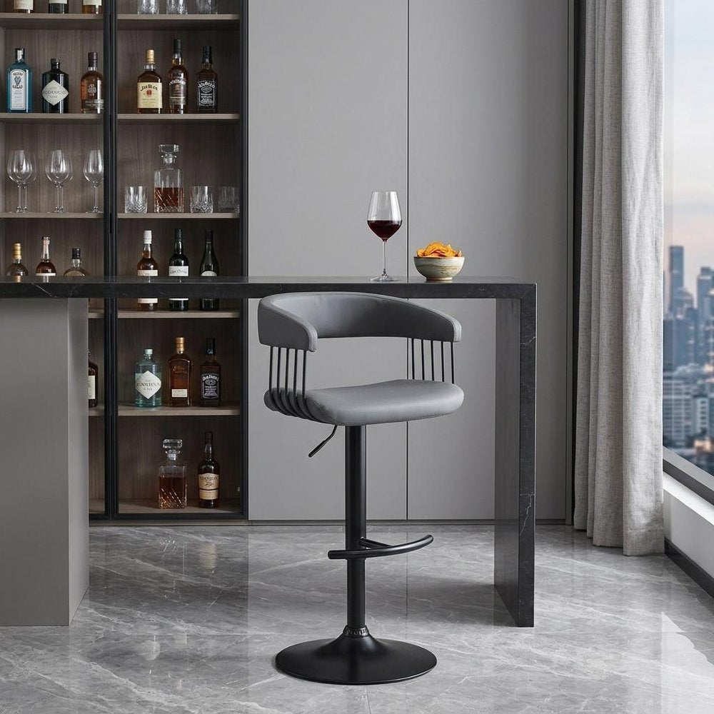 Gray and Black Faux Leather with Metal Swivel Adjustable Height Bar Chair