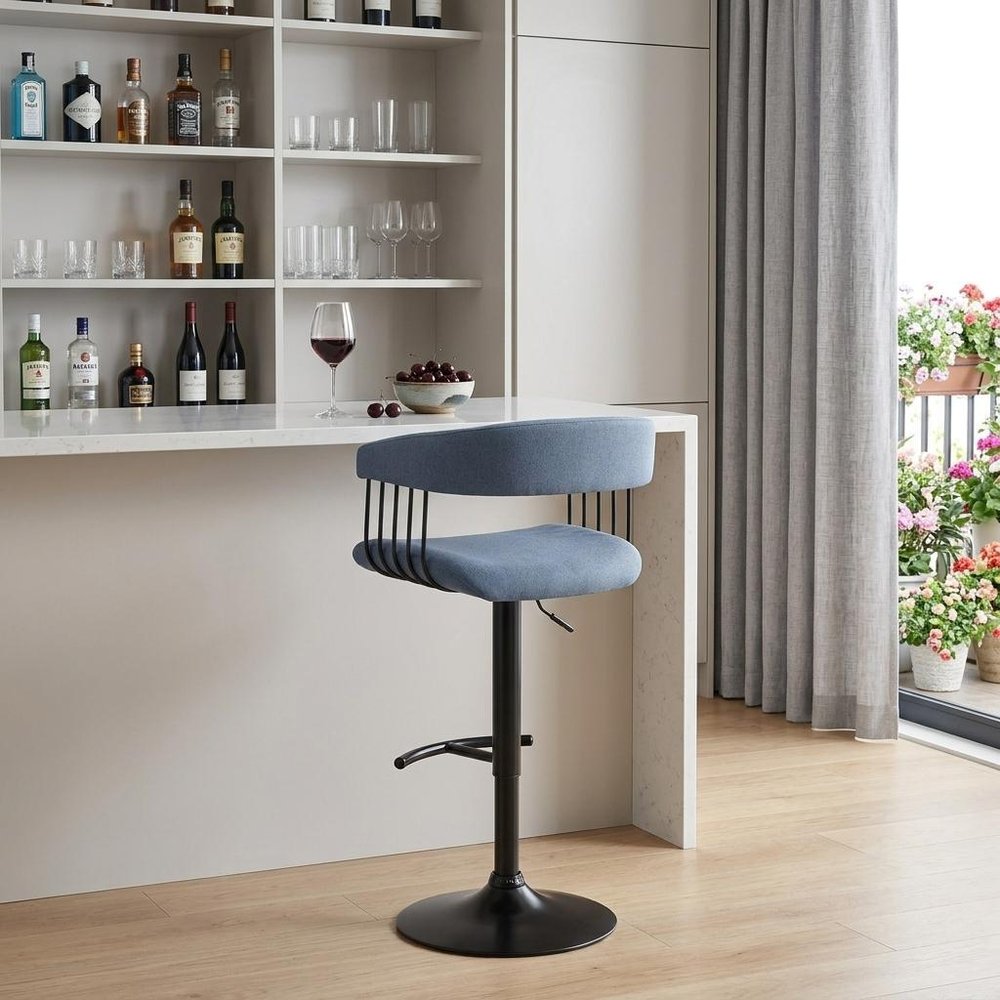 Blue and Black Fabric with Metal Swivel Adjustable Height Bar Chair