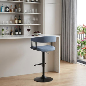 Blue and Black Fabric with Metal Swivel Adjustable Height Bar Chair
