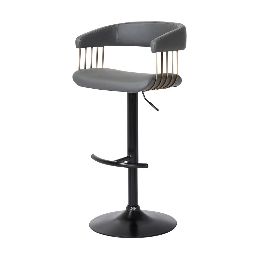 Gray And Black Faux Leather And Fabric And Metal Adjustable Height Swivel Bar Chair