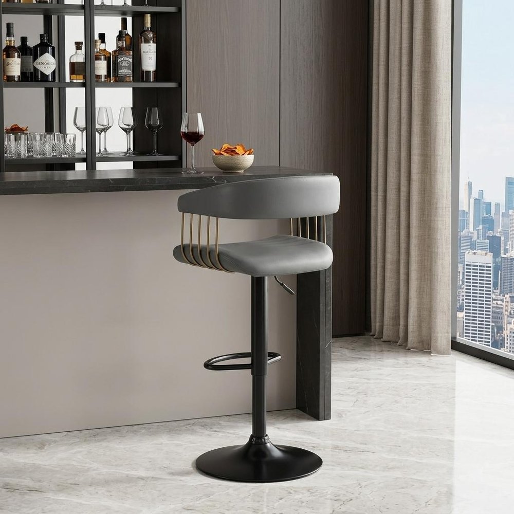 Gray And Black Faux Leather And Fabric And Metal Adjustable Height Swivel Bar Chair