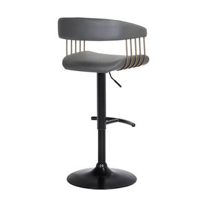 Gray And Black Faux Leather And Fabric And Metal Adjustable Height Swivel Bar Chair