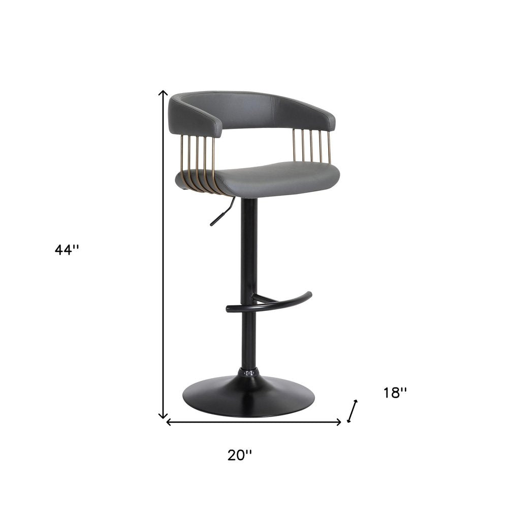 Gray And Black Faux Leather And Fabric And Metal Adjustable Height Swivel Bar Chair