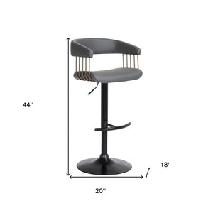 Gray And Black Faux Leather And Fabric And Metal Adjustable Height Swivel Bar Chair