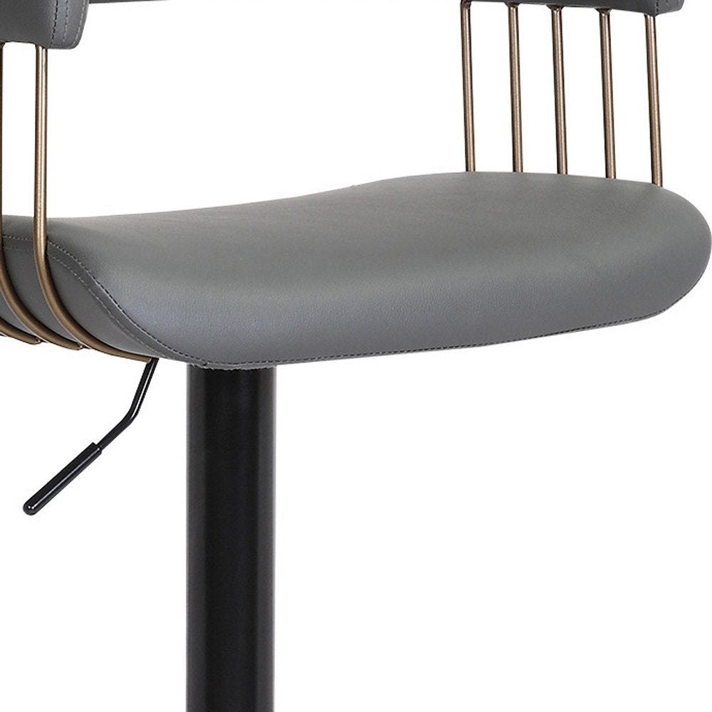 Gray And Black Faux Leather And Fabric And Metal Adjustable Height Swivel Bar Chair
