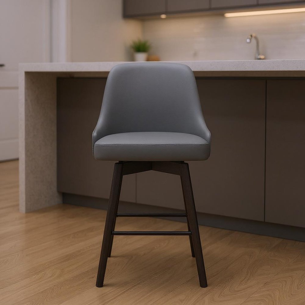 26" Gray and Black Faux Leather with Solid Wood Swivel Counter Height Bar Chair