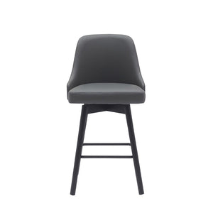 26" Gray And Black Faux Leather And Fabric And Solid Wood Counter Height Swivel Bar Chair