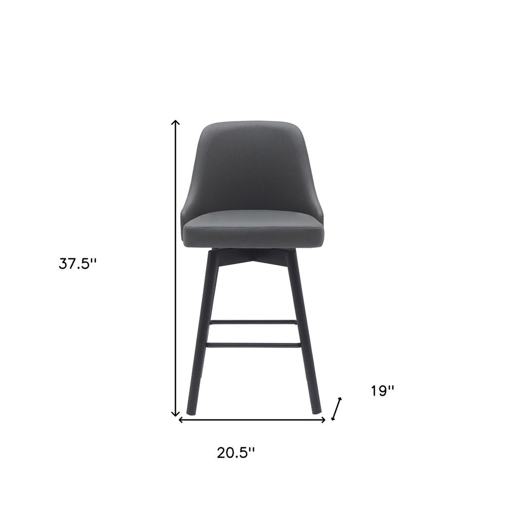 26" Gray And Black Faux Leather And Fabric And Solid Wood Counter Height Swivel Bar Chair