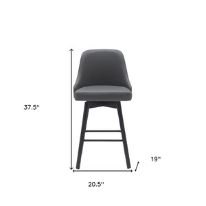 26" Gray And Black Faux Leather And Fabric And Solid Wood Counter Height Swivel Bar Chair