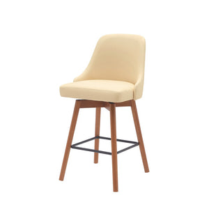 26" Cream and Wood Brown Faux Leather with Solid Wood Swivel Counter Height Bar Chair