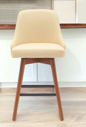 26" Cream and Wood Brown Faux Leather with Solid Wood Swivel Counter Height Bar Chair