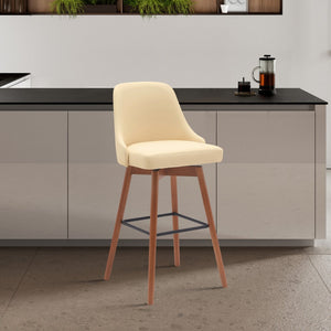 26" Cream and Wood Brown Faux Leather with Solid Wood Swivel Counter Height Bar Chair