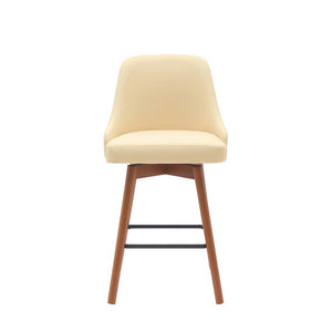 26" Cream And Brown Faux Leather And Fabric And Solid Wood Counter Height Swivel Bar Chair