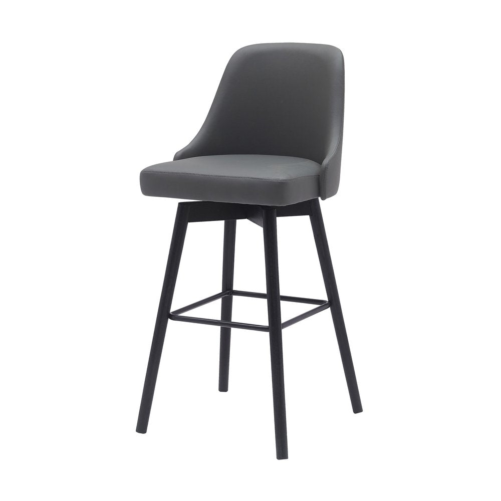 30" Gray And Black Faux Leather And Fabric And Solid Wood Bar Height Swivel Bar Chair