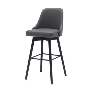 30" Gray And Black Faux Leather And Fabric And Solid Wood Bar Height Swivel Bar Chair