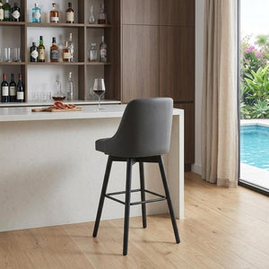 30" Gray And Black Faux Leather And Fabric And Solid Wood Bar Height Swivel Bar Chair