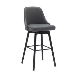 30" Gray And Black Faux Leather And Fabric And Solid Wood Bar Height Swivel Bar Chair