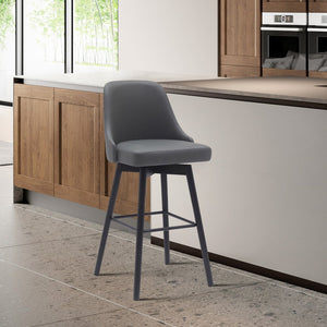 30" Gray And Black Faux Leather And Fabric And Solid Wood Bar Height Swivel Bar Chair