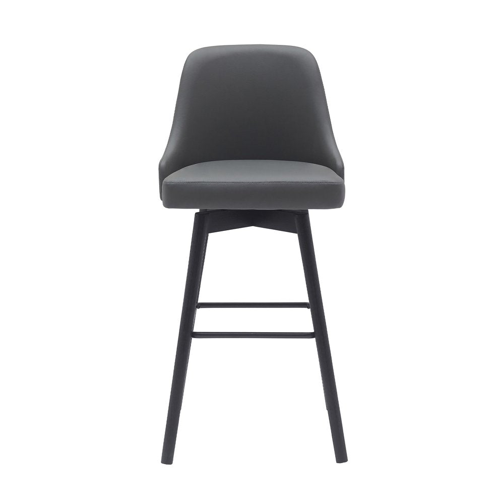 30" Gray And Black Faux Leather And Fabric And Solid Wood Bar Height Swivel Bar Chair