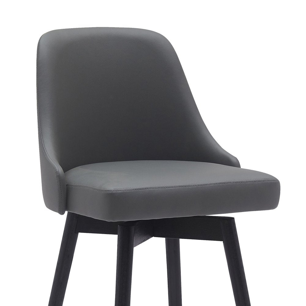 30" Gray And Black Faux Leather And Fabric And Solid Wood Bar Height Swivel Bar Chair