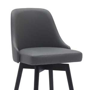 30" Gray And Black Faux Leather And Fabric And Solid Wood Bar Height Swivel Bar Chair