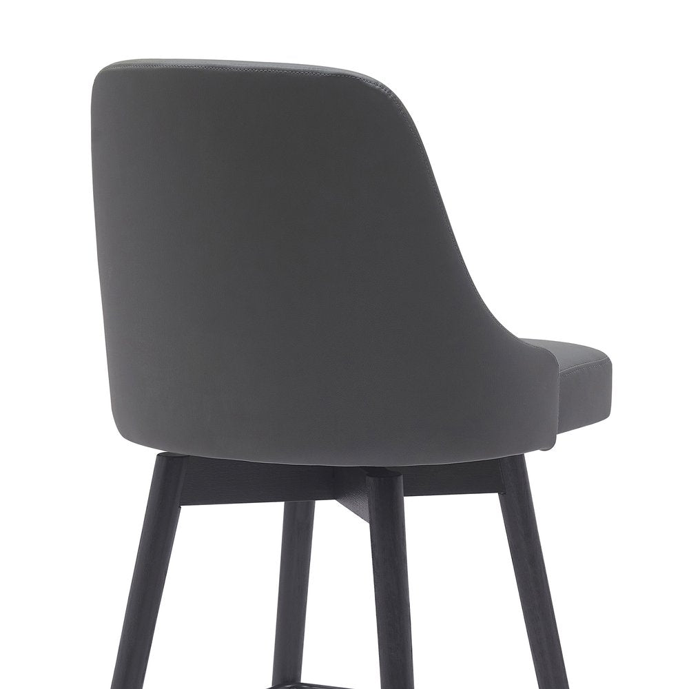 30" Gray And Black Faux Leather And Fabric And Solid Wood Bar Height Swivel Bar Chair