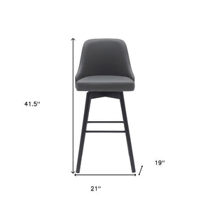 30" Gray And Black Faux Leather And Fabric And Solid Wood Bar Height Swivel Bar Chair