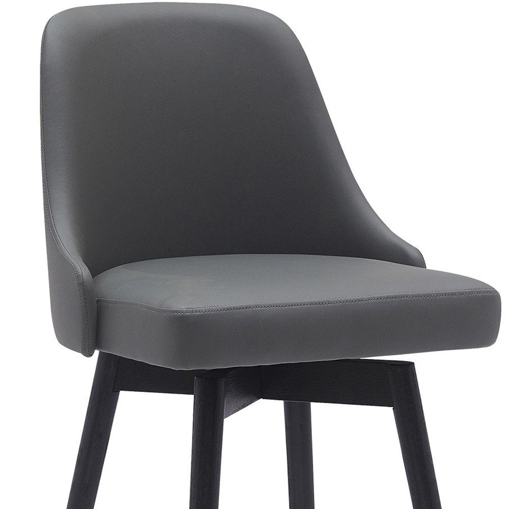 30" Gray And Black Faux Leather And Fabric And Solid Wood Bar Height Swivel Bar Chair
