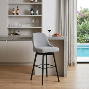 30" Light Gray And Black Fabric And Solid Wood Bar Height Swivel Bar Chair