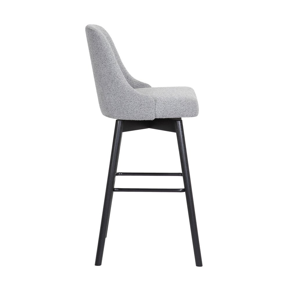 30" Light Gray And Black Fabric And Solid Wood Bar Height Swivel Bar Chair