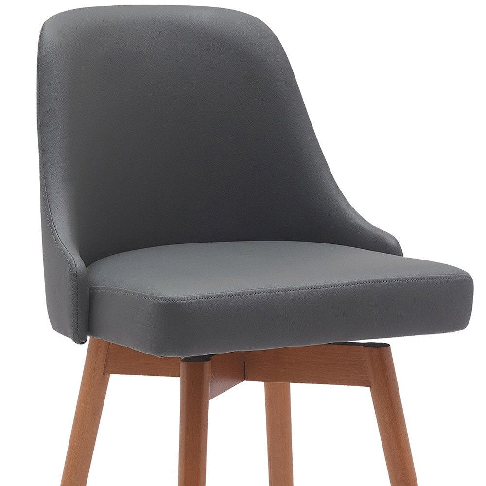 30" Gray And Brown Faux Leather And Fabric And Solid Wood Bar Height Swivel Bar Chair