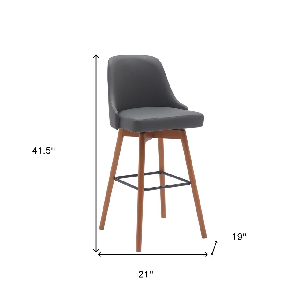 30" Gray And Brown Faux Leather And Fabric And Solid Wood Bar Height Swivel Bar Chair