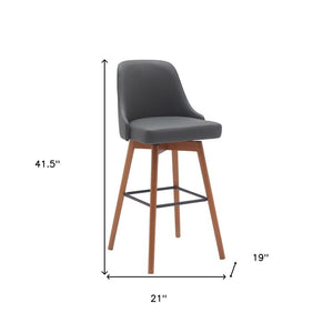 30" Gray And Brown Faux Leather And Fabric And Solid Wood Bar Height Swivel Bar Chair